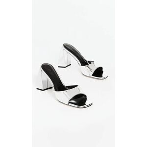 BY FAR Michele Silver Mirror LAC Mule Sandals Square Toe Block Heel Size 6 EU 36
